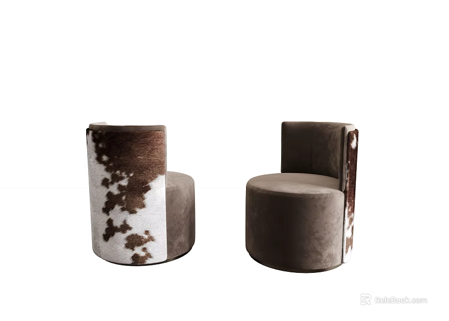 Modern Two Round Soft Velvet Stools In Brown And Cow Print Design 3d model 