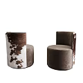 Modern Two Round Soft Velvet Stools In Brown And Cow Print Design