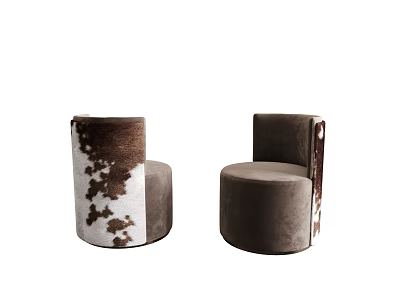 Modern Two Round Soft Velvet Stools In Brown And Cow Print Design 3d model