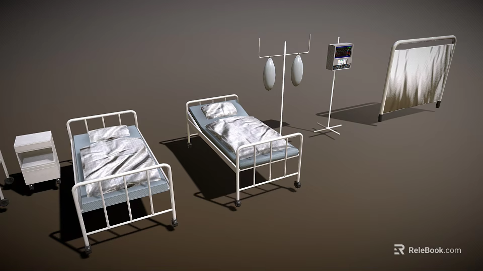 Essential Medical Equipment in Hospital Ward Featuring Beds Oxygen Cylinders and Patient Monitor 3d model 