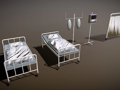 Essential Medical Equipment in Hospital Ward Featuring Beds Oxygen Cylinders and Patient Monitor 3d model