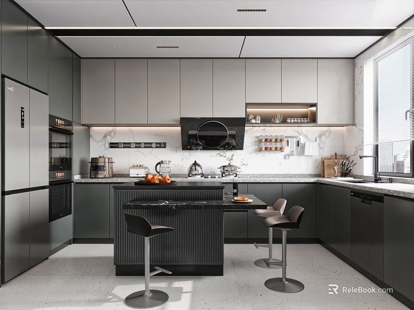 Modern Kitchen Interior Design With Dark Cabinets Island Counter Bar Stools And Appliances 3d model 