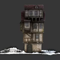 Cartoon Style Tilted Multi story House Scene With Red Roof Light Walls Windows And Snowy Ground