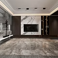 Modern Open Concept Living And Dining Room With Dark Wood And Marble Accents