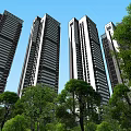 Modern High Rise Building Complex With Glass Facades And Urban Landscape Elements