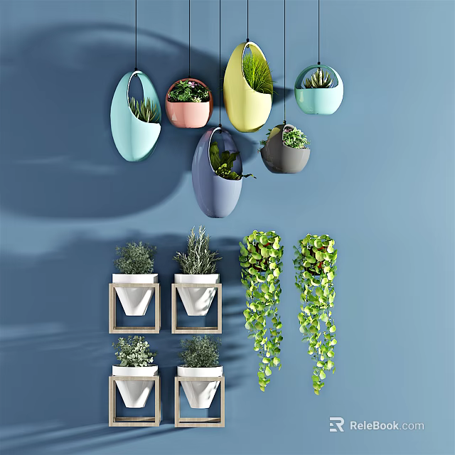 Various Colorful Hanging Planters with Green Trailing Plants on Blue Wall 3d model 