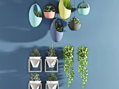 Various Colorful Hanging Planters with Green Trailing Plants on Blue Wall 3d model