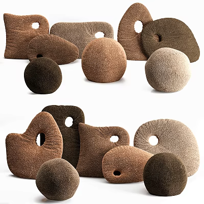 Various Shaped Earth Tone Pillows with Brown Beige Colors and Hole Designs 3d model