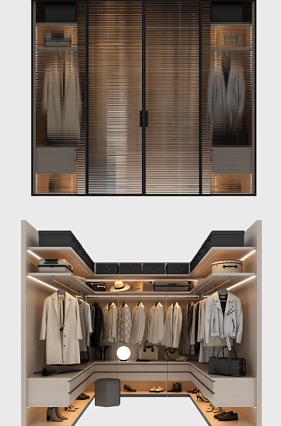 Modern Wardrobe Interior With Sliding Doors Hanging Areas And LED Lighting 3d model