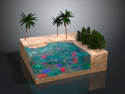 Miniature Landscape Scene With Sandy Ground Water Pool Palm Trees Green Shrubs And Colorful Corals 3d model