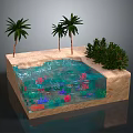 Miniature Landscape Scene With Sandy Ground Water Pool Palm Trees Green Shrubs And Colorful Corals