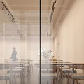 Bright Dessert Shop Interior With Wooden Tables Ceiling Lights Display Counter And Plant Decorations