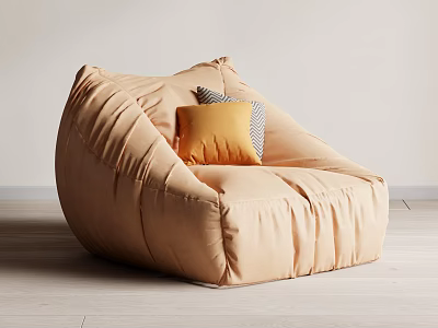 Plush Beige Single Sofa with Wrinkled Design Yellow Pillows in Light Wall Wooden Floor Interior 3d model