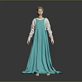 Female Character in Blue Long Dress with Gray White Sleeves Standing on Gray Background