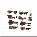 Various Types of Horse Drawn Carriage Models with Wooden Structures Cargo and Drivers