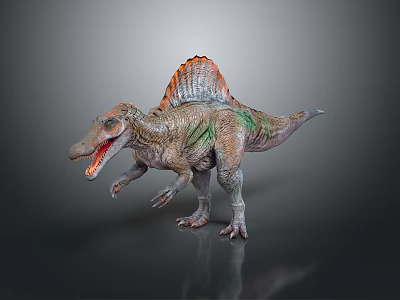 Realistic Spinosaurus Dinosaur With Sail On Back Open Mouth Green Brown Skin Texture Standing 3d model