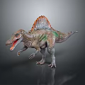 Realistic Spinosaurus Dinosaur With Sail On Back Open Mouth Green Brown Skin Texture Standing
