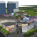 Modern Shopping Mall Architecture With Glass Curtain Wall Grid Roof And High Rise Background