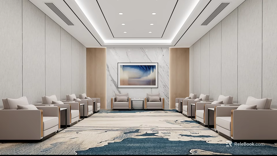 Modern Hotel Public Lounge Area With Comfortable Sofas Stylish Rug Wall Artwork And Soft Lighting 3d model 