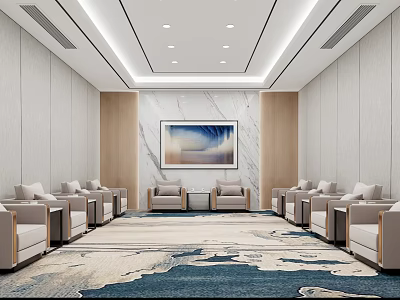 Modern Hotel Public Lounge Area With Comfortable Sofas Stylish Rug Wall Artwork And Soft Lighting 3d model