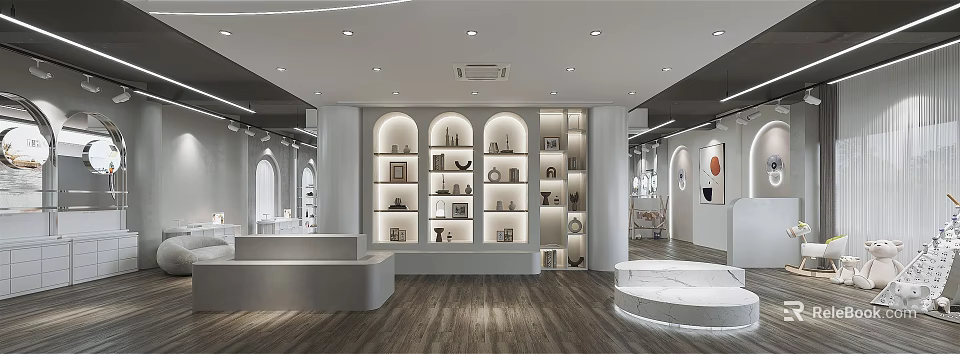 Modern Specialty Store Interior With Arched Shelves Decorative Items And Wooden Flooring 3d model 