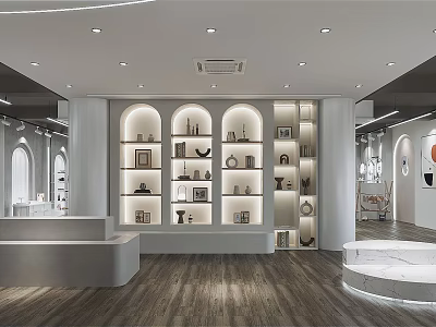 Modern Specialty Store Interior With Arched Shelves Decorative Items And Wooden Flooring 3d model