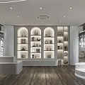 Modern Specialty Store Interior With Arched Shelves Decorative Items And Wooden Flooring