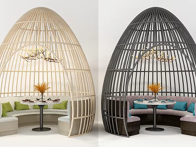 Egg Shaped Wicker Public Chairs Light Dark With Seating Cushions Small Tables And Chandeliers 3d model