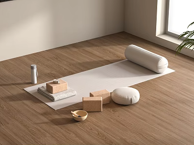 Essential Home Fitness Equipment With Yoga Mat Blocks Bolster And Water Bottle On Wooden Floor 3d model