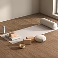 Essential Home Fitness Equipment With Yoga Mat Blocks Bolster And Water Bottle On Wooden Floor