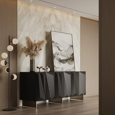 Black Console Table Sideboard With Geometric Design Marble Wall Artwork Dried Flowers And Floor Lamp 3d model