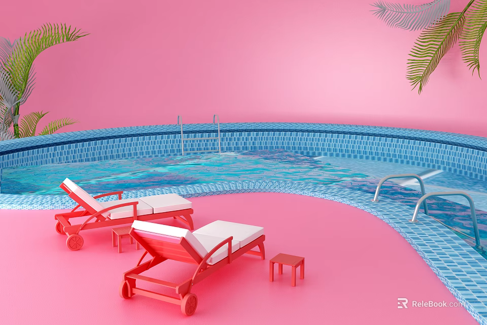 Pink Background Swimming Pool With Blue Tiles Red Lounge Chairs And Palm Leaves 3d model 