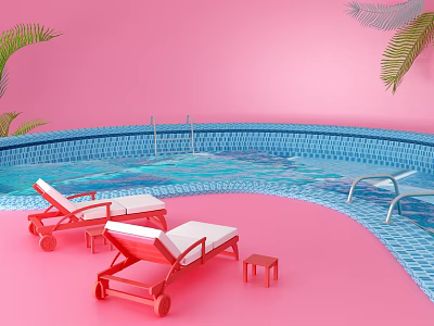 Pink Background Swimming Pool With Blue Tiles Red Lounge Chairs And Palm Leaves 3d model