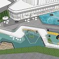 Modern Garden Ornaments in Courtyard with Water Pool Seating Trees and Decorative Structure