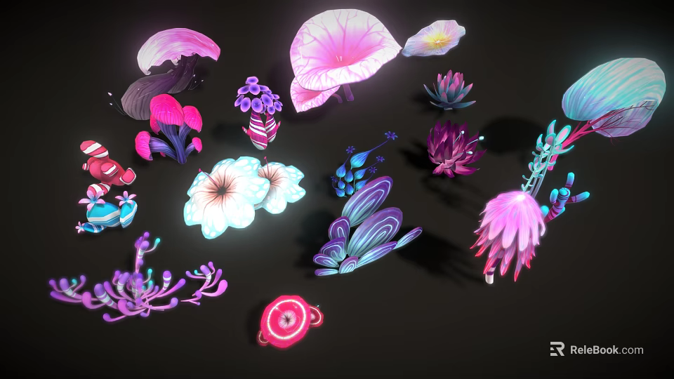 Vibrant Colorful Floral Plants With Pink Purple Blue And White Petals On Black Background 3d model 