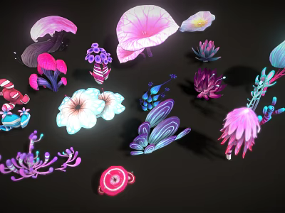 Vibrant Colorful Floral Plants With Pink Purple Blue And White Petals On Black Background 3d model