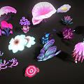 Vibrant Colorful Floral Plants With Pink Purple Blue And White Petals On Black Background