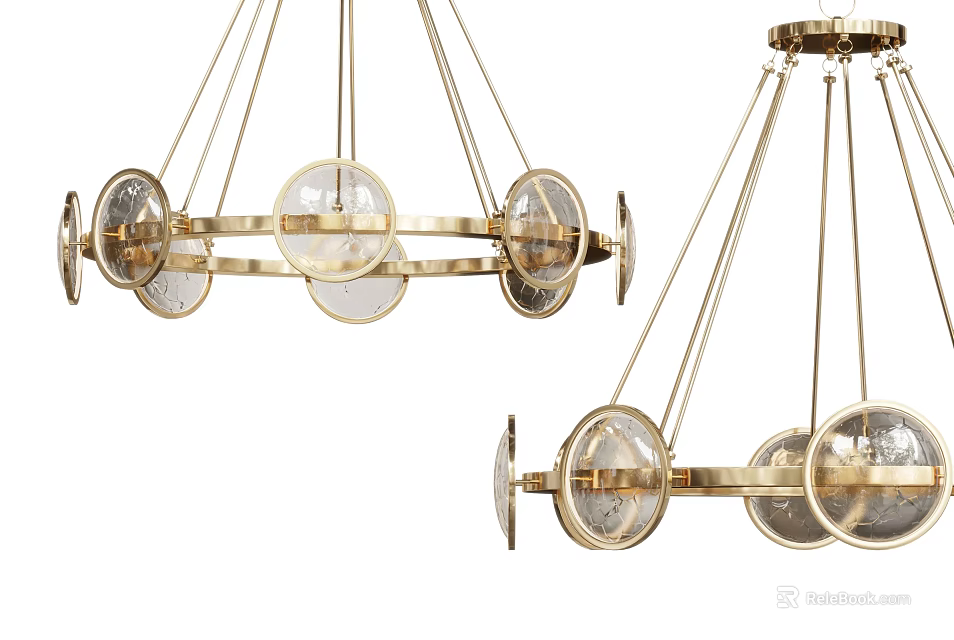 Modern Decorative Chandeliers with Gold Metal Frame and Transparent Round Glass Elements 3d model 