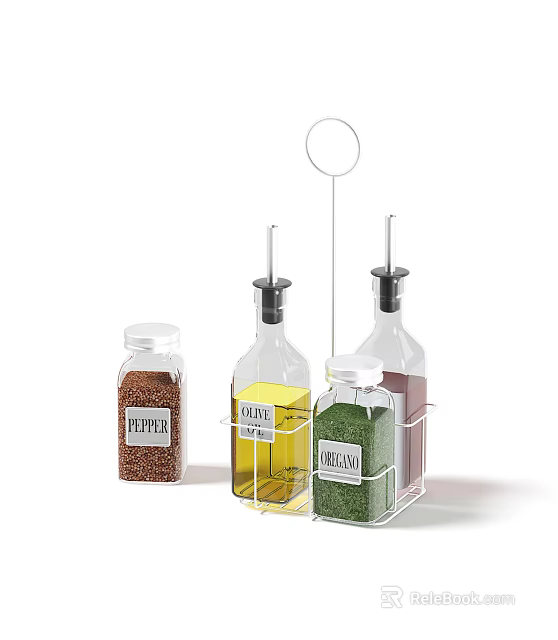Glass Spice Bottles With Pepper Olive Oil And Oregano In Kitchen Storage Rack 3d model 