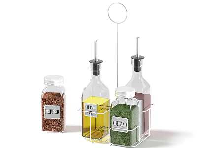 Glass Spice Bottles With Pepper Olive Oil And Oregano In Kitchen Storage Rack 3d model
