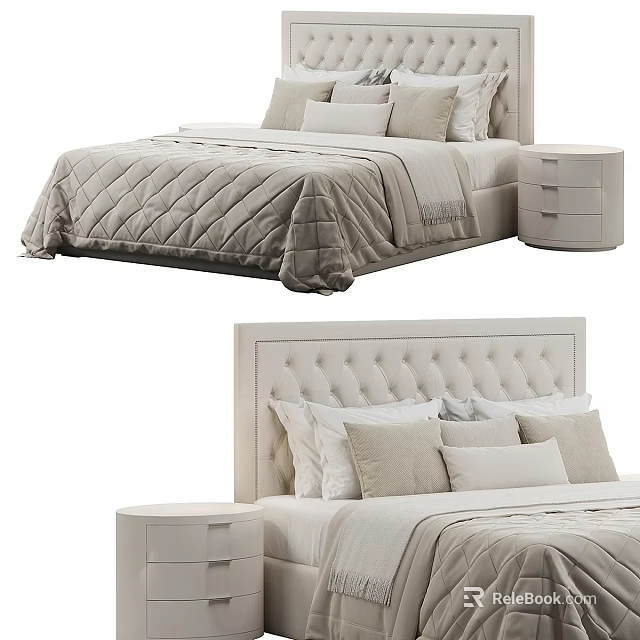 Modern Light Colored Double Bed With Tufted Headboard Bedspread Pillows And Nightstand 3d model 