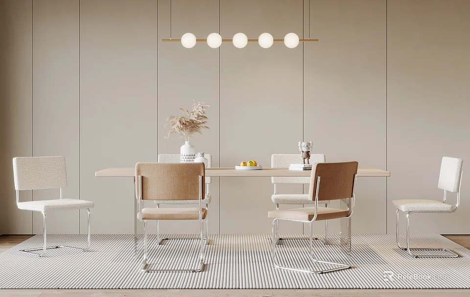 Modern Dining Table Set With Chairs Hanging Light Round Bulbs And Decorations 3d model