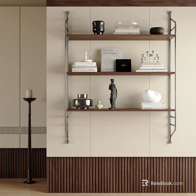 Modern Wooden Storage Shelf With Books Decorative Statue And Vase In Living Room Interior 3d model 