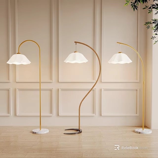 Elegant Modern Floor Lamps With Curved Golden Pole White Lampshade And Marble Base 3d model 