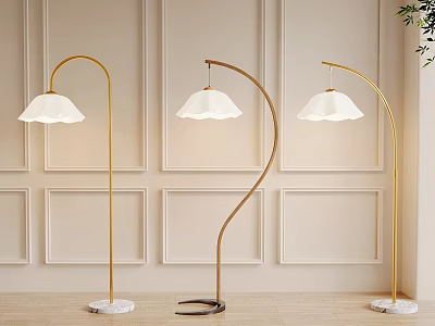 Elegant Modern Floor Lamps With Curved Golden Pole White Lampshade And Marble Base 3d model