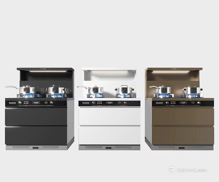 Modern Kitchen Appliances Black White Brown Integrated Cookers With Pots On Top 3d model 