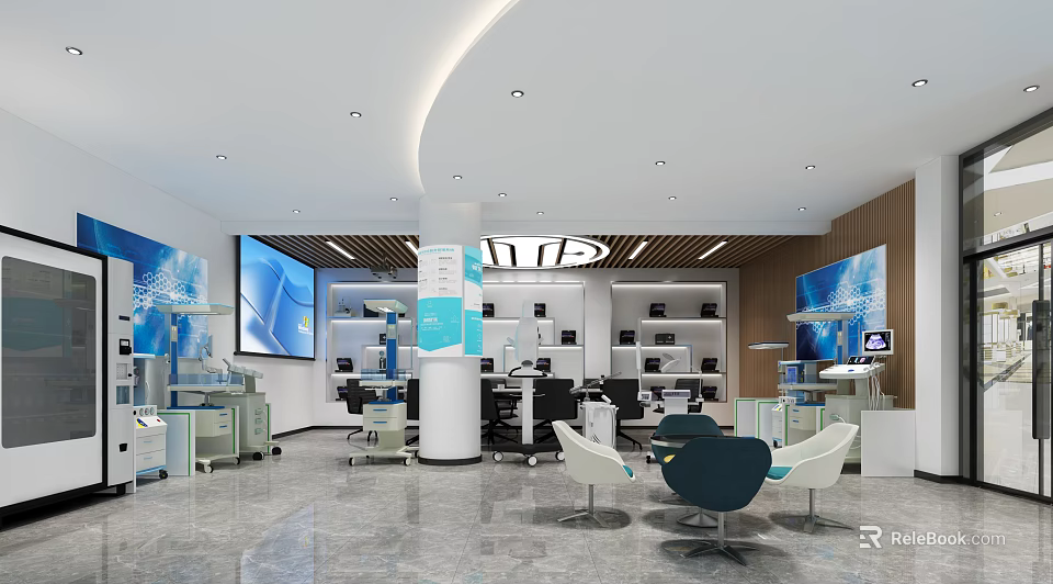Spacious Bright Dental Clinic Interior With White Tone Blue Decor Medical Equipment Chairs And Displays 3d model 