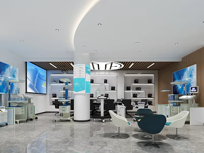 Spacious Bright Dental Clinic Interior With White Tone Blue Decor Medical Equipment Chairs And Displays 3d model