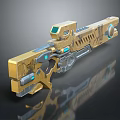 Futuristic Sci Fi Golden Weapon With Blue Accents Metallic Design And Reflective Surface