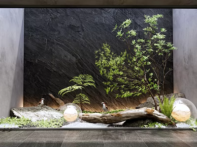 Natural Indoor Landscape With Green Plants Wooden Log And Stone Decor 3d model
